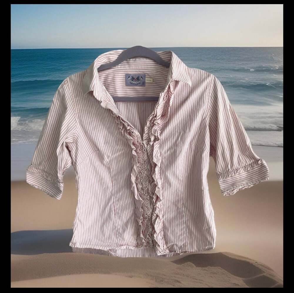 Juicy Couture Pink Striped Ruffle 3/4 Sleeve Button Down Shirt Size 8